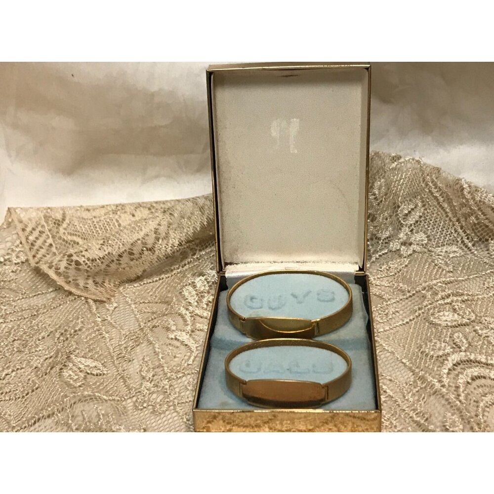 1970s Guys & Gals Cuff Bracelet Set Gold Tone Engravable-NOS MCM RARE